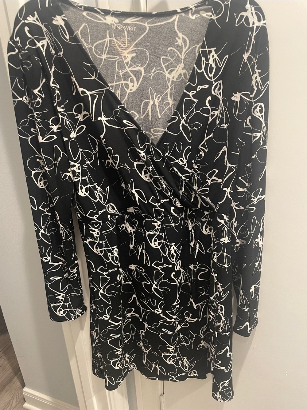 Nine West Black Dress with White Abstract Scribble Print